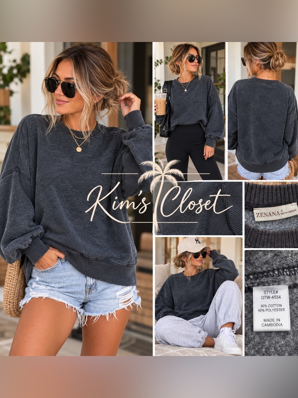Zenana Washed Oversized Pullover Sweatshirt Charcoal Black Small NWT